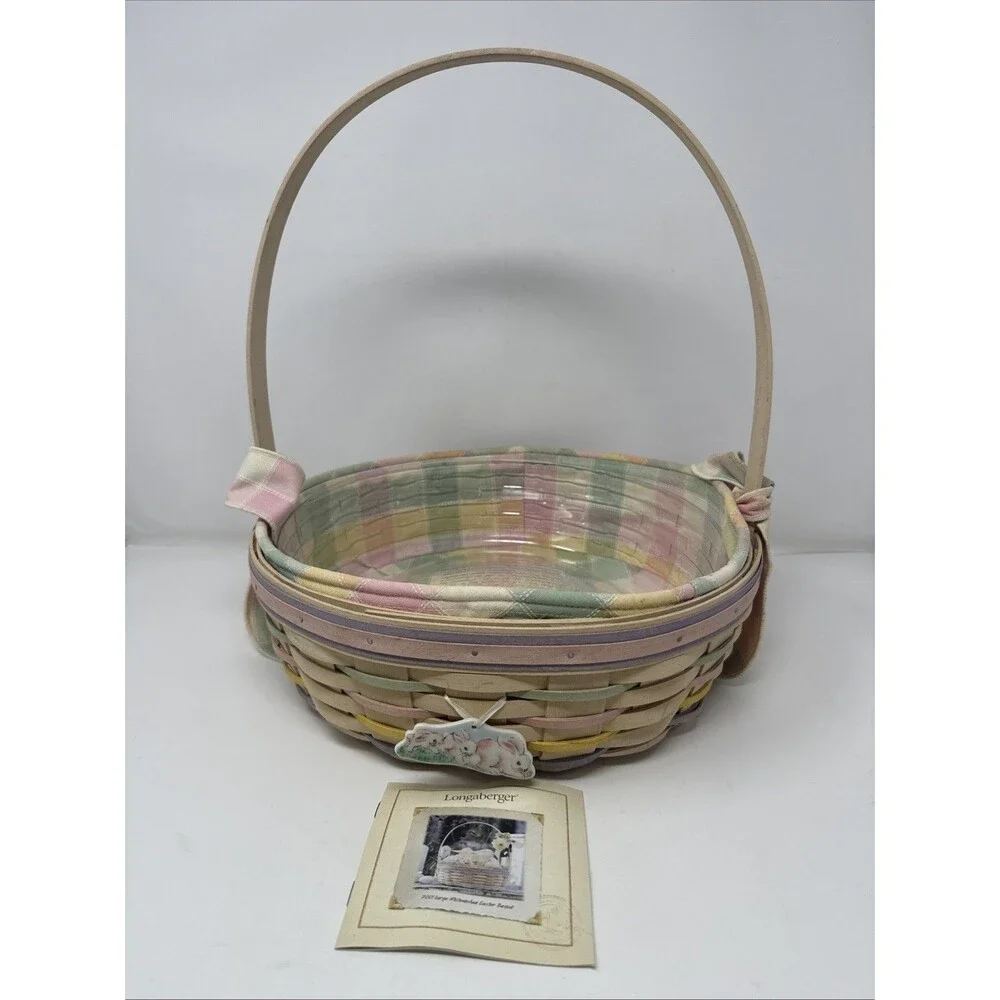 Longaberger 2001 Easter Basket Whitewashed w/Liner,  Protector & Bows, tie on